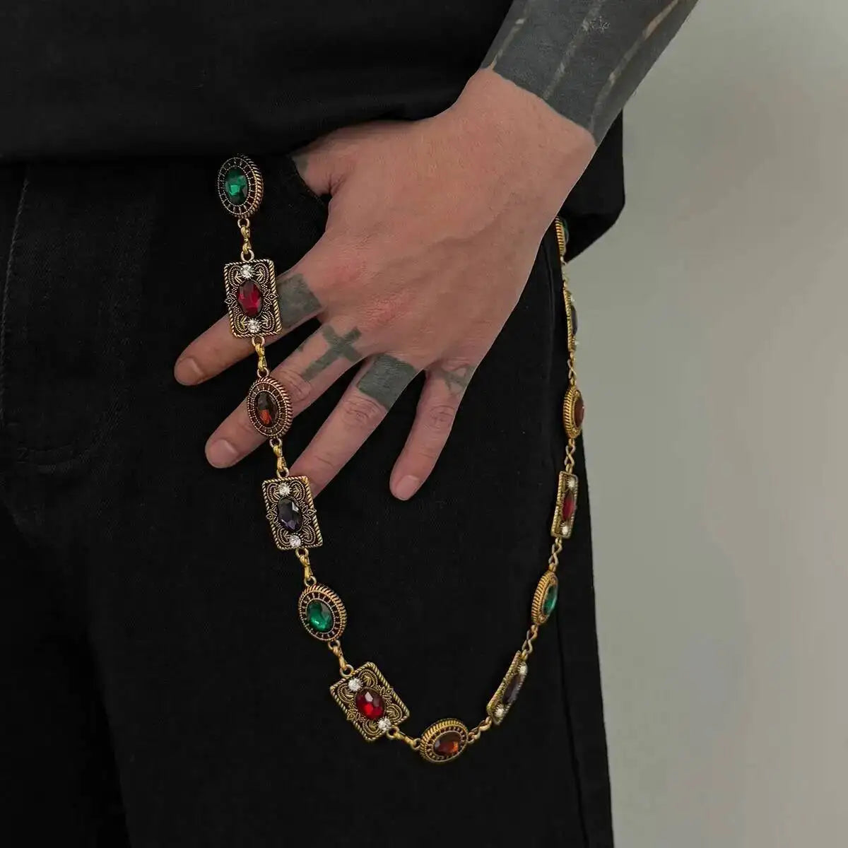 Ingemark Hip-Hop Red Green Acrylic Rhinestone Keychain Wallet Belt Chain for Men Trendy Hipster Pant Jeans Chain Street Jewelry