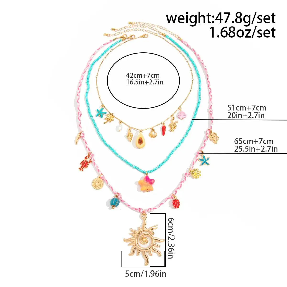 Ingemark 3 Pcs/Set Cute Starfish Conch Crayfish Sun Pendant Necklace for Women Summer Beach Beads Chain Choker Y2K Jewelry Gifts