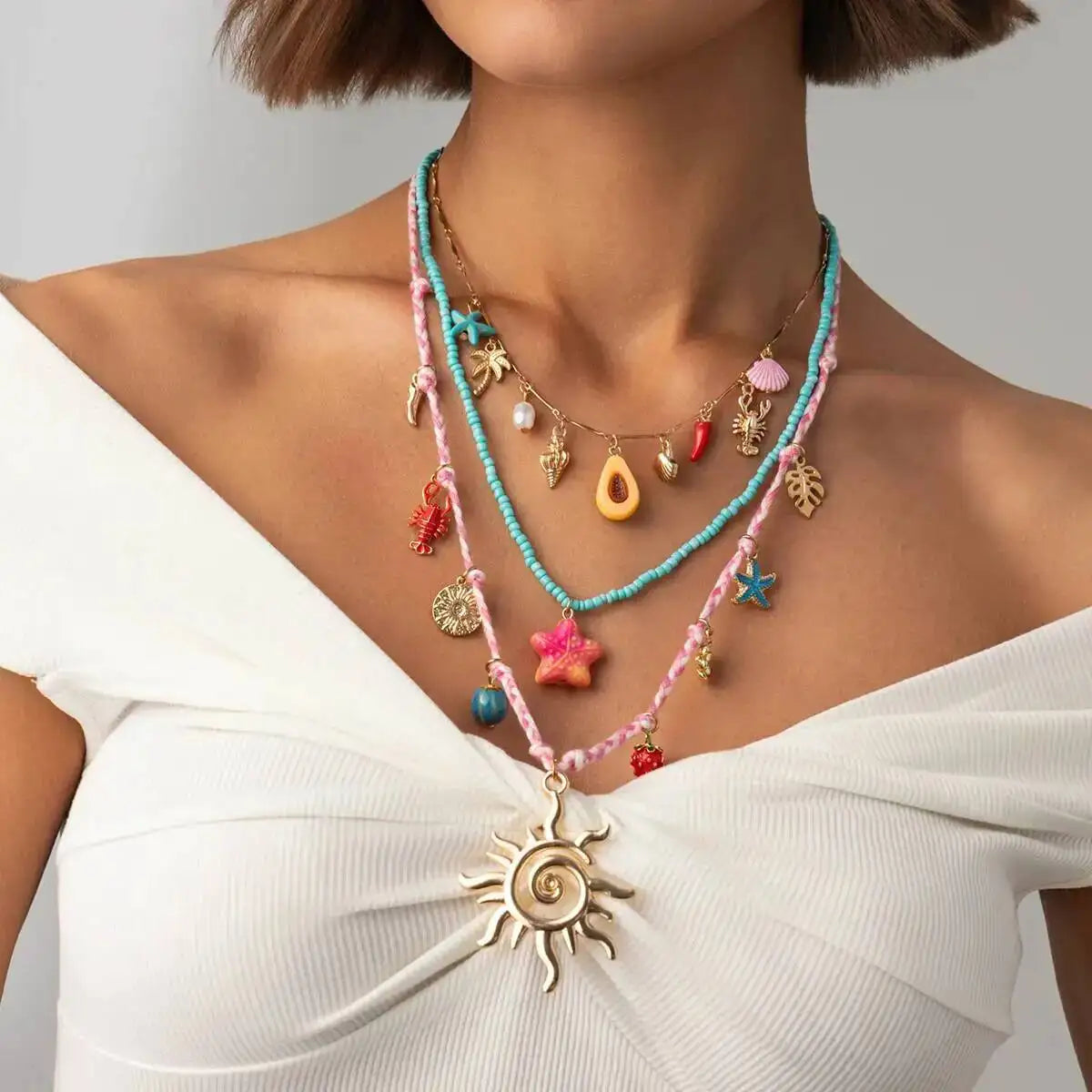 Ingemark 3 Pcs/Set Cute Starfish Conch Crayfish Sun Pendant Necklace for Women Summer Beach Beads Chain Choker Y2K Jewelry Gifts