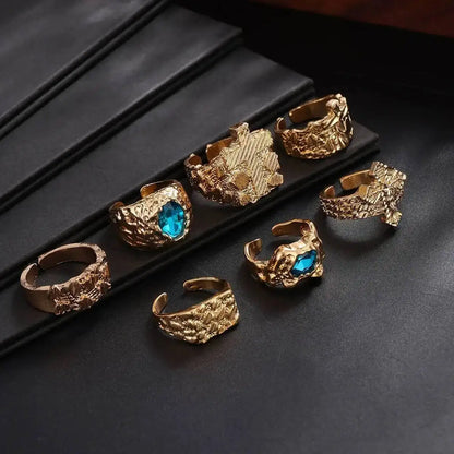 Ingemark 7 Pcs/Set Unique Gold Color Texture Metal Open Rings for Men Punk Inlay Blue Acrylic Rhinestone Rings Male Jewelry Gift