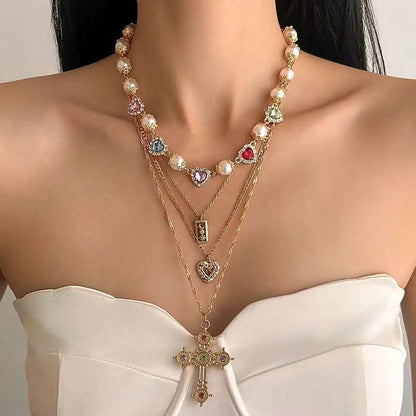 Ingemark Multilayer Rhinestone Love Heart Imitation Pearl Chain Necklace Women Creative Jesus Cross Pendant Choker Y2K Jewelry