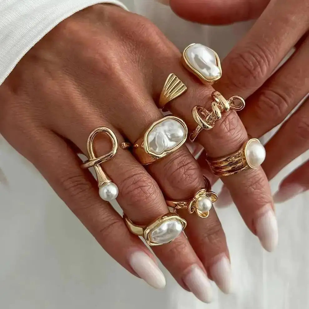 Ingemark 7 Pcs Baroque Imitation Pearl Open Rings Set for Women Elegant Irregular Stackable Adjustable Finger Ring Jewelry Gift