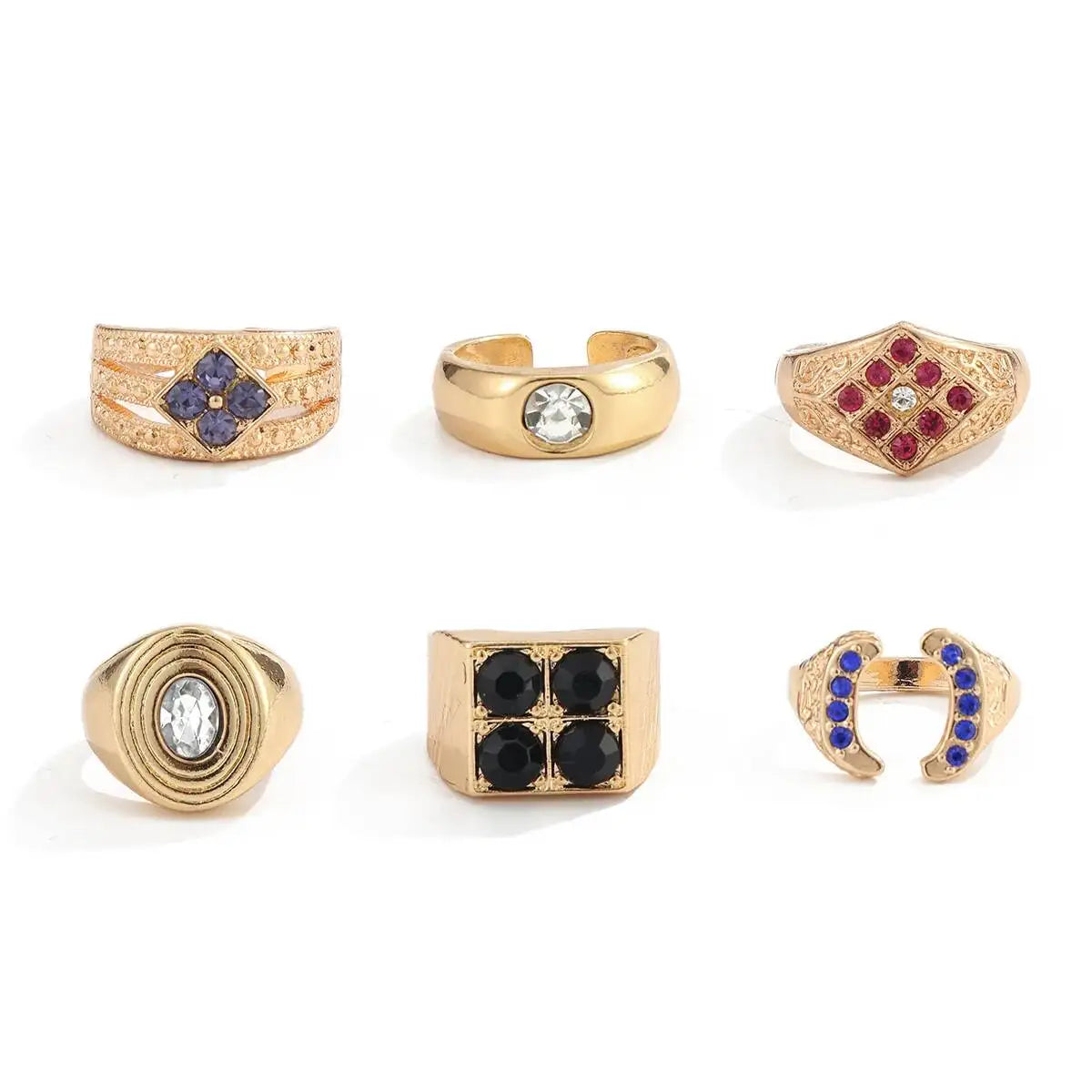 Ingemark 6 Pcs Hip Hop Colorful Rhinestones Adjustable Open Rings Set for Men Punk Retro Irregular Stackable Chunky Finger Ring