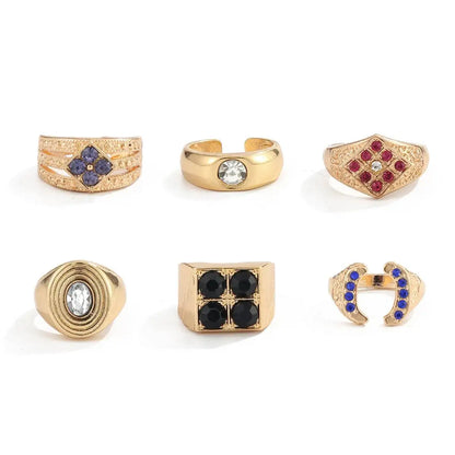 Ingemark 6 Pcs Hip Hop Colorful Rhinestones Adjustable Open Rings Set for Men Punk Retro Irregular Stackable Chunky Finger Ring