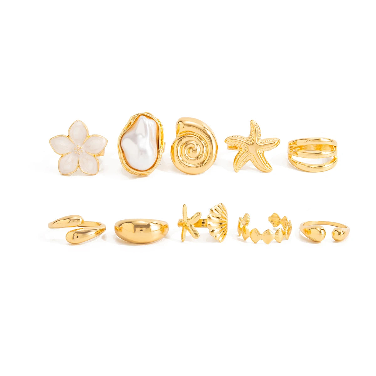 Ingemark 10 Pcs/Set Trendy Conch Starfish Flower Open Rings for Women Bohemian Imitation Pearls Ring Summer Beach Jewelry Gifts