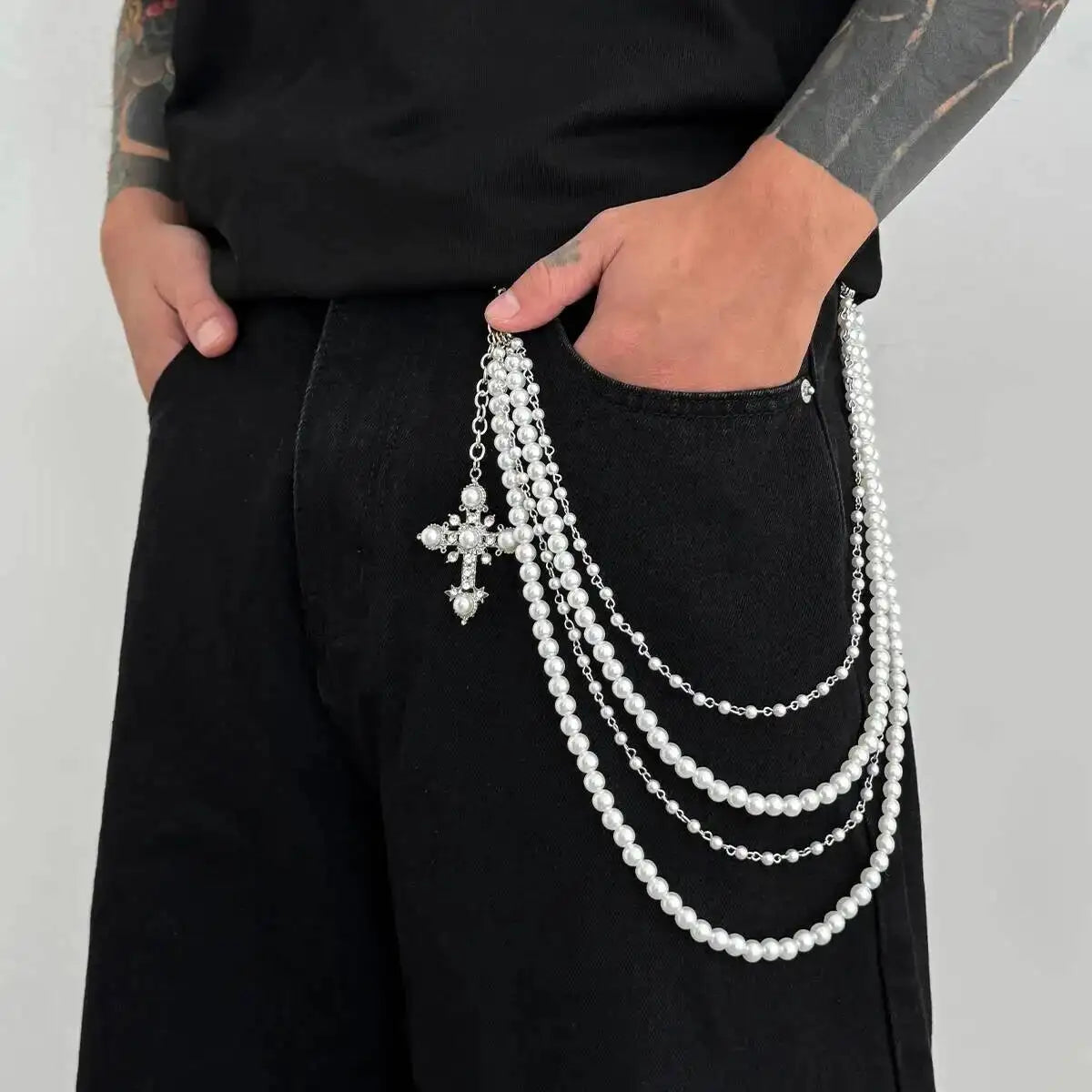 Men's Hip Hop Trend Exquisite Multilayer Imitation Pearl Keychain Cross Pendant Wallet Belt Chain Jewelry Accessory