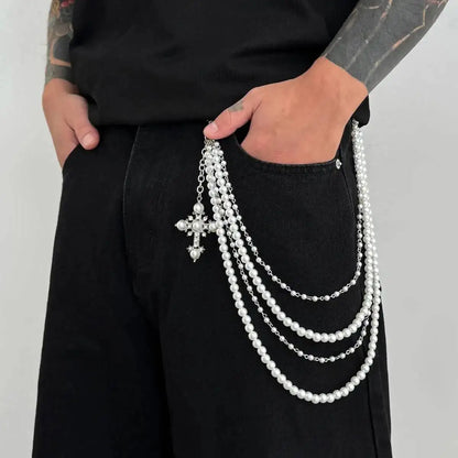 Men's Hip Hop Trend Exquisite Multilayer Imitation Pearl Keychain Cross Pendant Wallet Belt Chain Jewelry Accessory