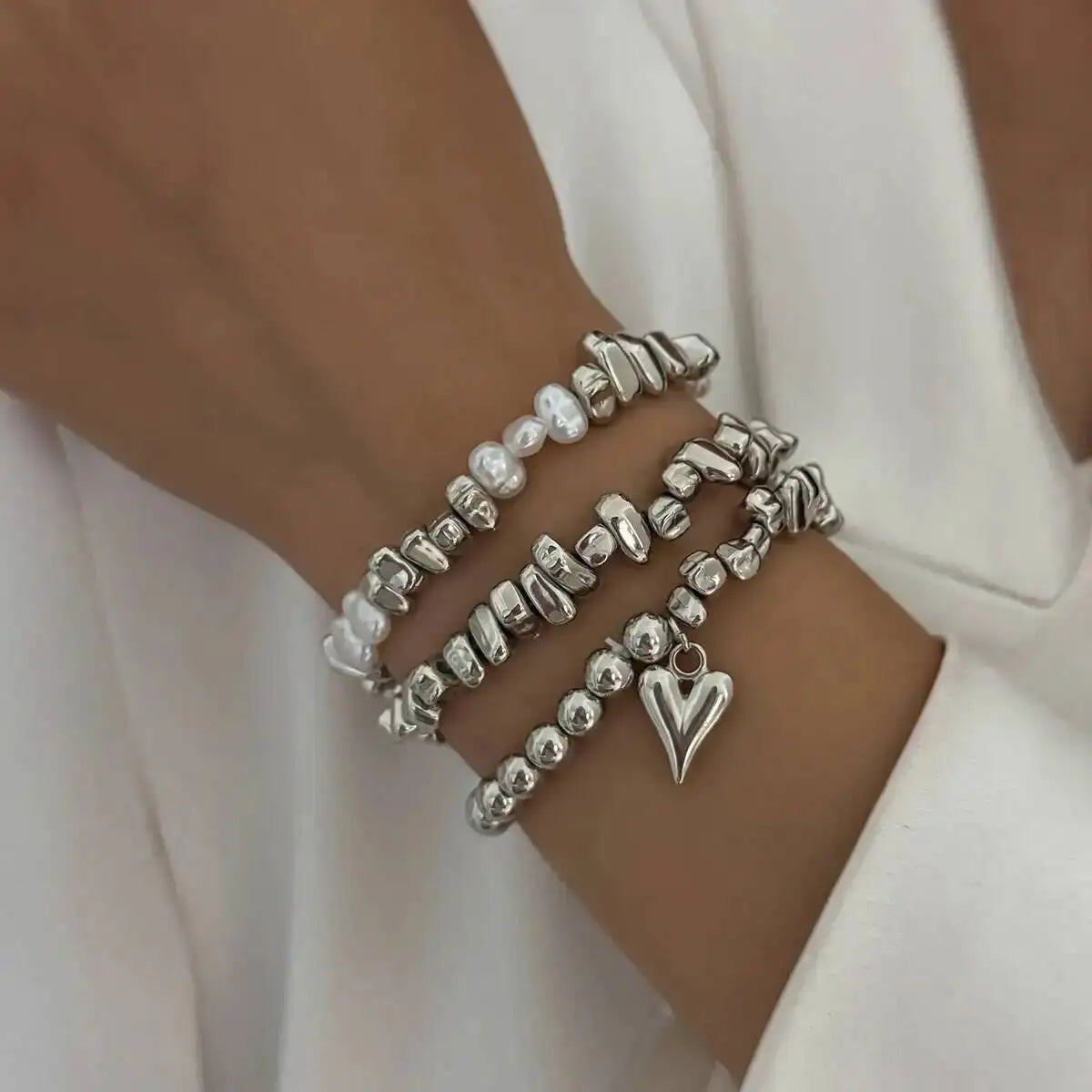 3pcs/set Fashion Irregular CCB Beads Chain Heart Pendant Bracelet Women Vintage Imitation Pearl Bangle Jewelry Gift