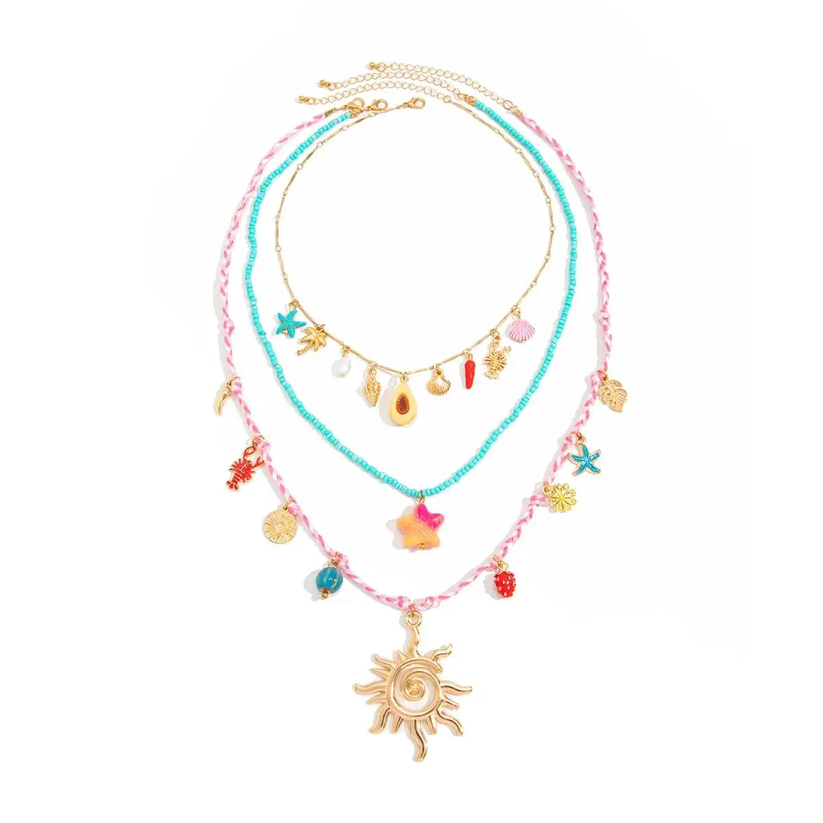 Ingemark 3 Pcs/Set Cute Starfish Conch Crayfish Sun Pendant Necklace for Women Summer Beach Beads Chain Choker Y2K Jewelry Gifts