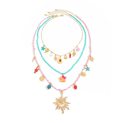 Ingemark 3 Pcs/Set Cute Starfish Conch Crayfish Sun Pendant Necklace for Women Summer Beach Beads Chain Choker Y2K Jewelry Gifts