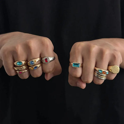Ingemark 13 Pcs/Set Punk Inlay Colorful Rhinestones Ring for Men Trendy Metal Open Adjustable Rings Stacktable Finger Jewelry