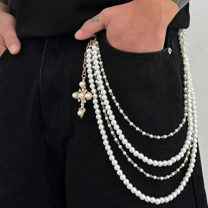 Men's Hip Hop Trend Exquisite Multilayer Imitation Pearl Keychain Cross Pendant Wallet Belt Chain Jewelry Accessory