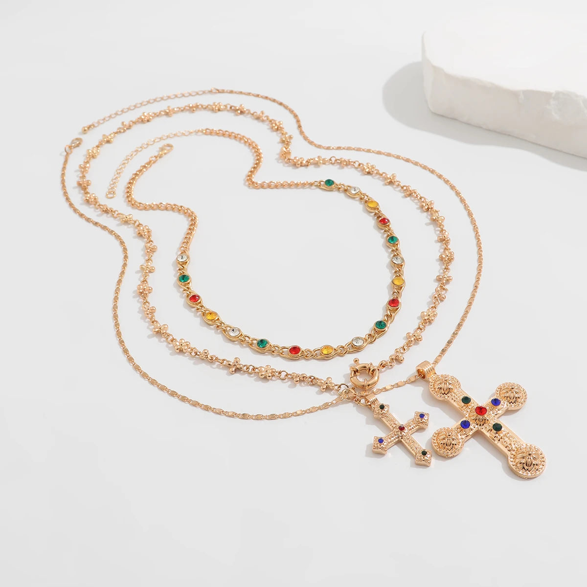 Ingemark 3Pcs Luxury Inlaid Rhinestone Imitating Pearl Chain Necklace Vintage Jesus Cross Pendant Choker Christian Jewelry Men