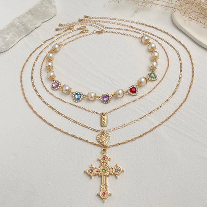 Ingemark Multilayer Rhinestone Love Heart Imitation Pearl Chain Necklace Women Creative Jesus Cross Pendant Choker Y2K Jewelry