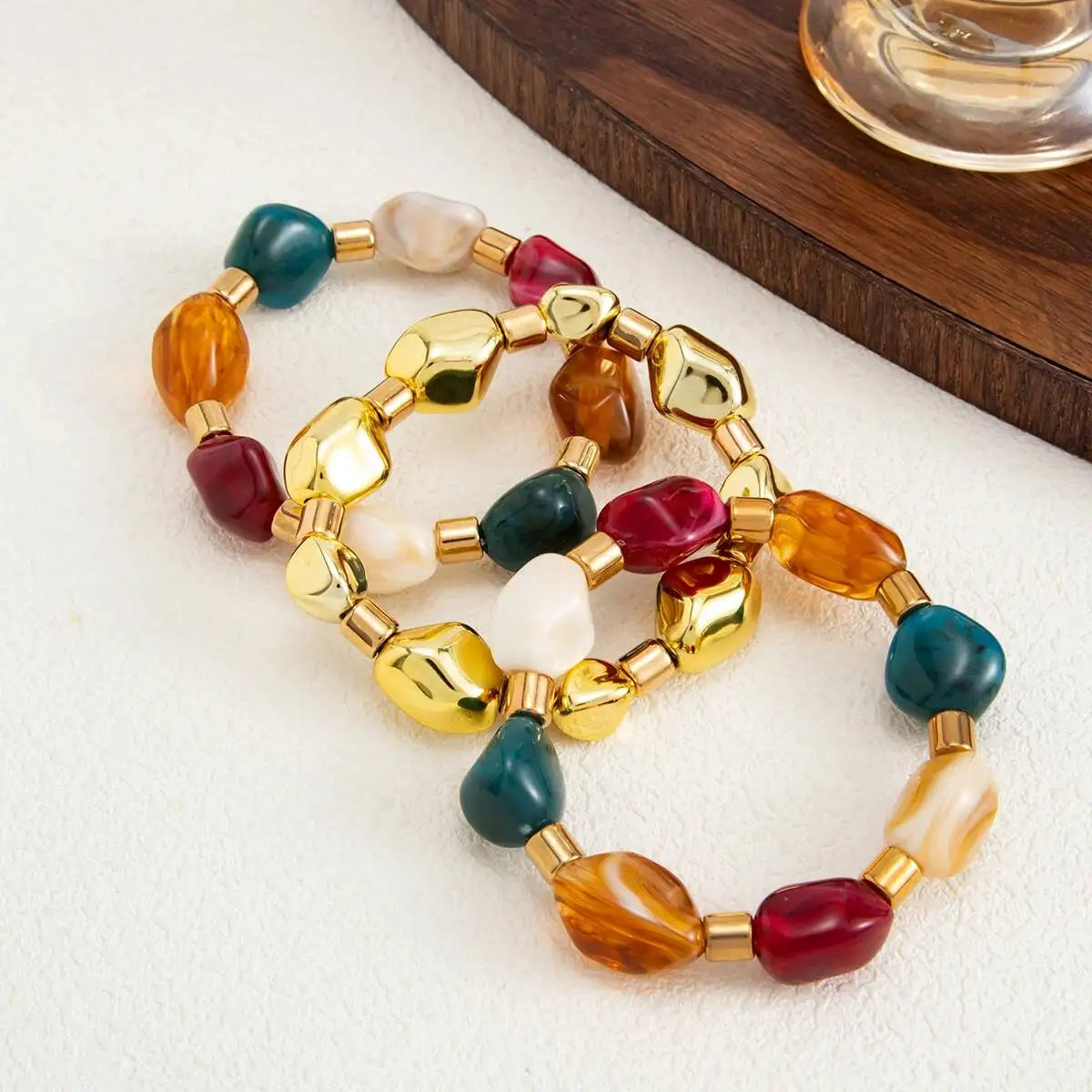 Ingemark 3Pcs/Set Y2K Boho Acrylic Resin Beaded Bracelet for Women Vintage Splicing Stacked Elastic Bangle Baroque Charm Jewelry
