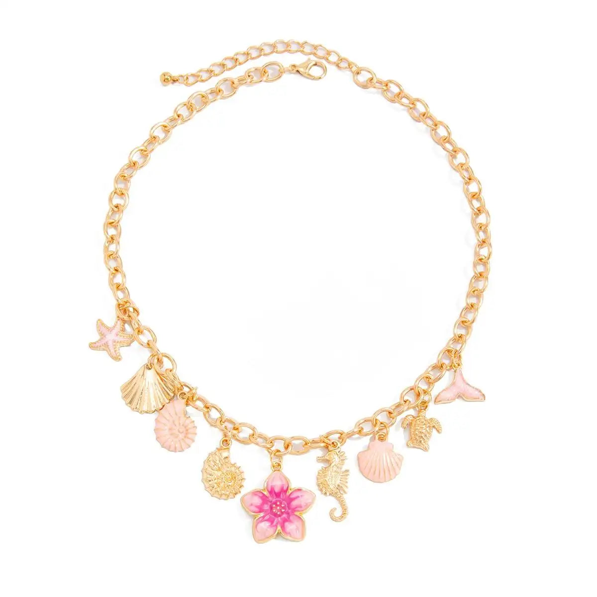 Ingemark Exquisite Pink Starfish Conch Flower Pendant Necklaces Women Summer Beach Adjustable Chain Choker Holiday Jewelry Gifts