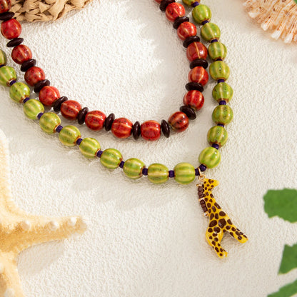 Ingemark 2Pcs/Set Trendy Red Greend Ceramics Beaded Chokers Necklace Women Vintage Stacked Giraffe Pendant Necklace Boho Jewelry