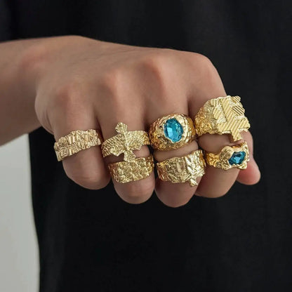 Ingemark 7 Pcs/Set Unique Gold Color Texture Metal Open Rings for Men Punk Inlay Blue Acrylic Rhinestone Rings Male Jewelry Gift