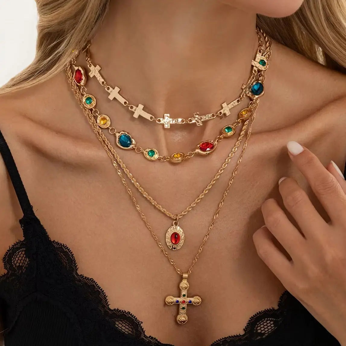 Ingemark 4Pcs/Set Luxury Inlay Colorful Rhinestone Cross Pendant Necklace Women Exquisite Multiple Layers Stackable Y2K Jewelry