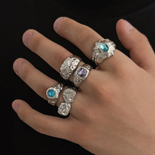 Ingemark 5 Pcs/Set Punk Colorful Acrylic Rhinestone Adjustable Open Ring for Men Hip Hop Retro Geometry Chunky Ring Male Jewelry