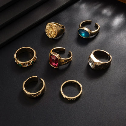 Ingemark 7Pcs/Set Luxury Inlay Acrylic Rhinestone Open Rings for Men Punk Gold Color Metal Adjustable Ring Jewelry Accessories