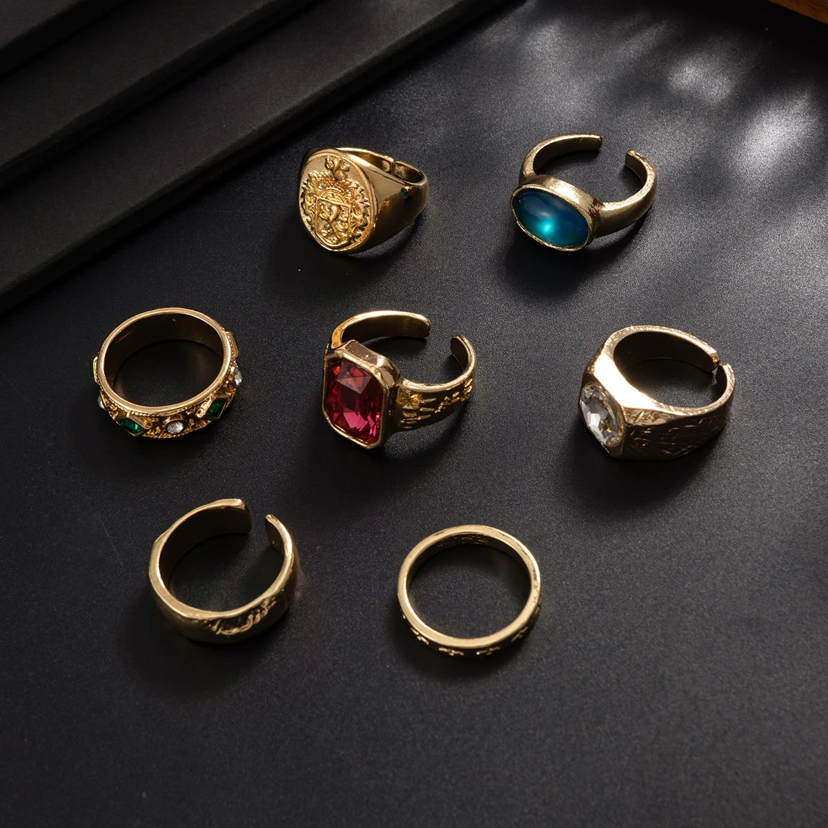 Ingemark 7Pcs/Set Luxury Inlay Acrylic Rhinestone Open Rings for Men Punk Gold Color Metal Adjustable Ring Jewelry Accessories