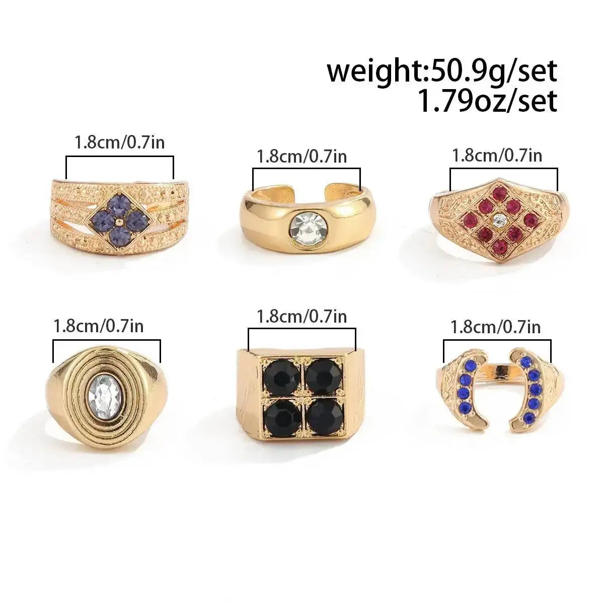 Ingemark 6 Pcs Hip Hop Colorful Rhinestones Adjustable Open Rings Set for Men Punk Retro Irregular Stackable Chunky Finger Ring
