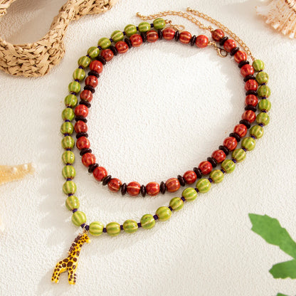 Ingemark 2Pcs/Set Trendy Red Greend Ceramics Beaded Chokers Necklace Women Vintage Stacked Giraffe Pendant Necklace Boho Jewelry