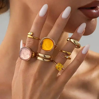 Ingemark 7-piece Inlaid Acrylic Resin Adjustable Open Rings Set Women New Trendy Gold Color Stackable Knuckle Ring Party Jewelry