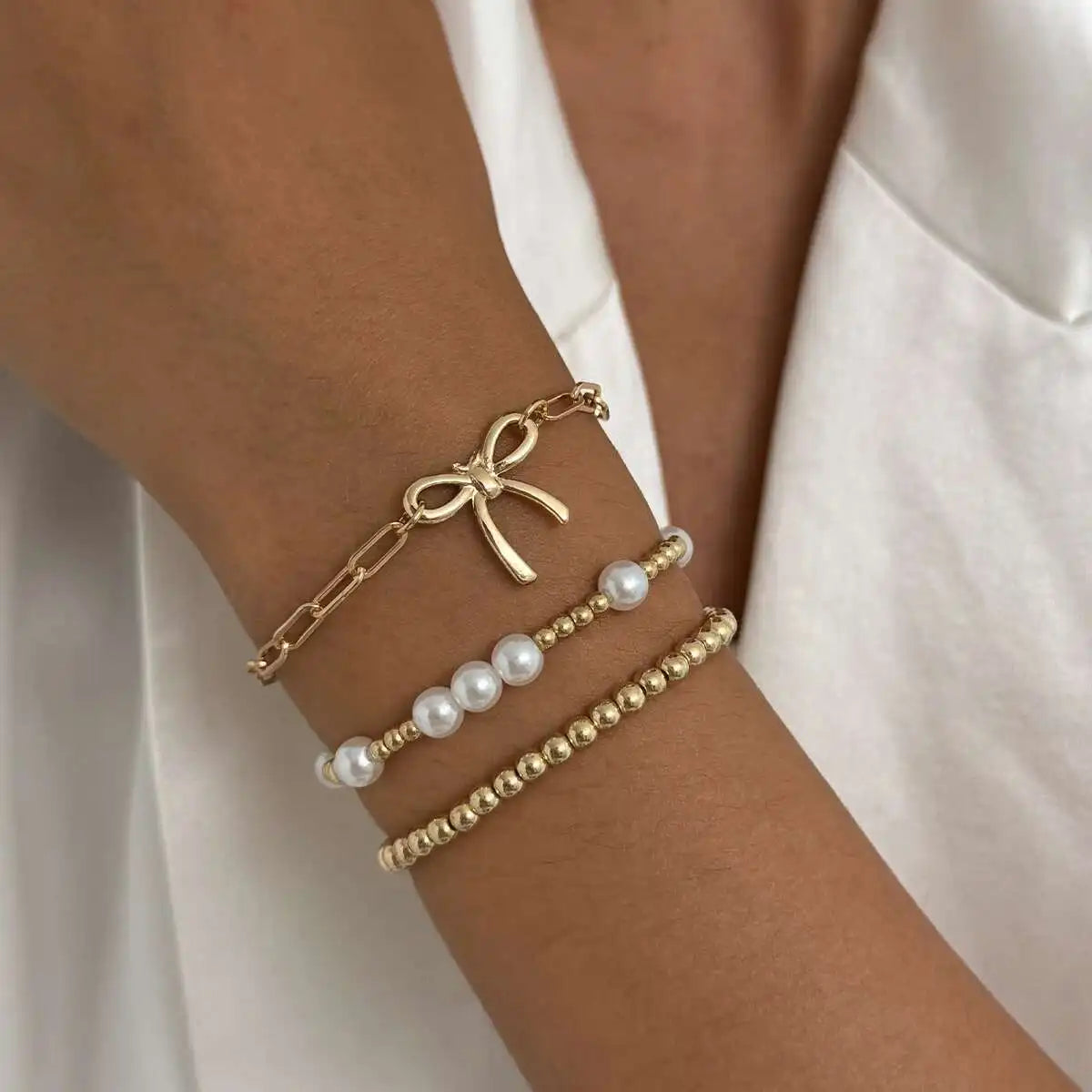 Ingemark 3Pcs/Set Boho Imitation Pearl Starfish Beads Bracelets Women Romantic Elegant Charm Bangle Daily Party Banquet Jewelry
