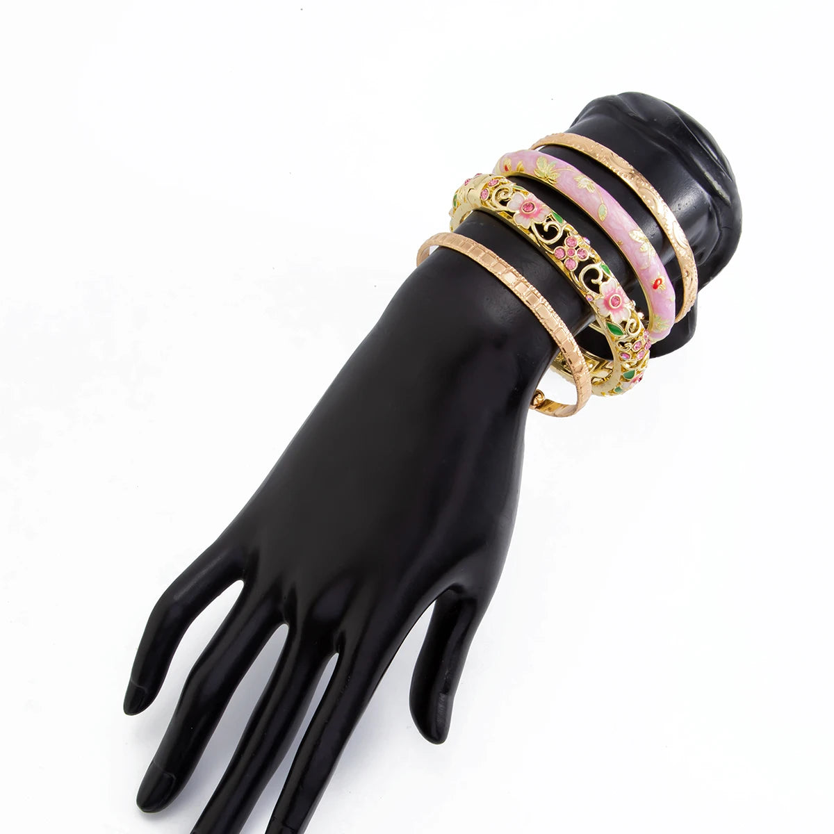 Ingemark 4Pcs/Set Elegant Enamel Dropped Glaze Flower Cuff Bracelet Women Exquisite Glass Rhinestone Gold Color Open Bangle