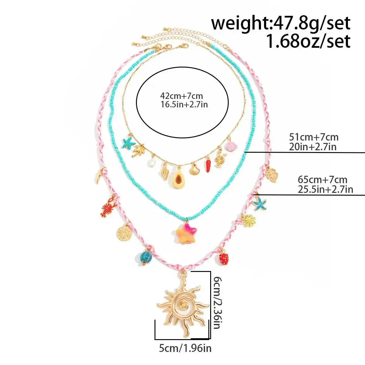Ingemark 3 Pcs/Set Cute Starfish Conch Crayfish Sun Pendant Necklace for Women Summer Beach Beads Chain Choker Y2K Jewelry Gifts