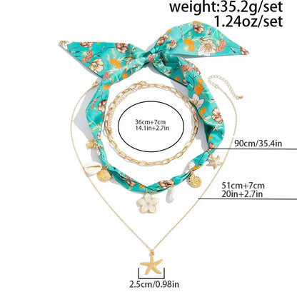 Ingemark 3Pcs/Set Boho Scarf Ribbon Choker Necklace Women Vintage Cross Sun Flower Starfish Conch Coconut Tree Pendant Necklace