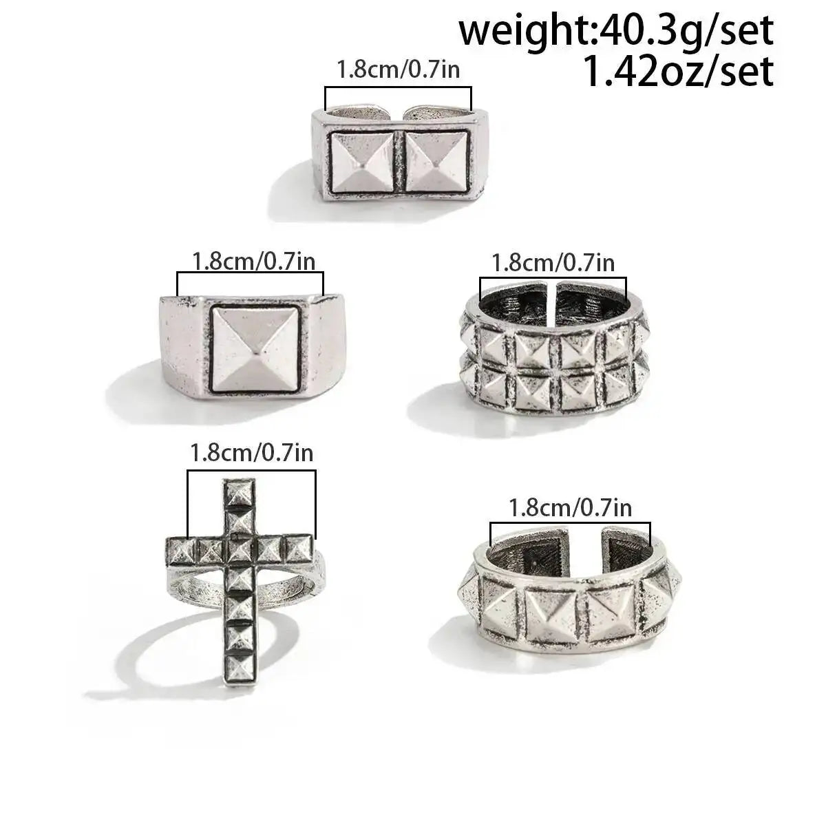 Ingemark 5 Pcs Gothic Punk Cross Chunky Open Rings Set for Men Hip-Hop Rivets Stackable Adjustable Knuckle Rings Finger Jewelry