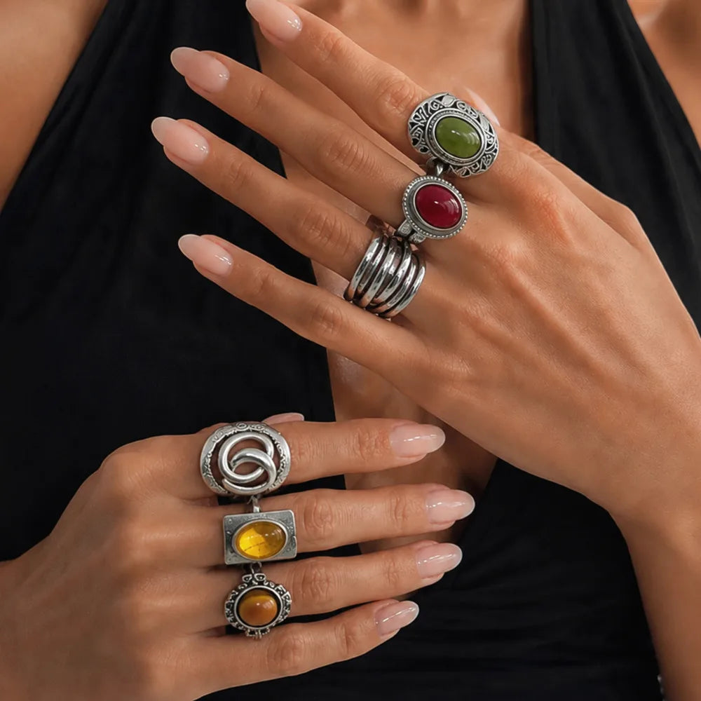 Ingemark 6 Pcs/Set Ethnic Style Colorful Resin Acrylic Rings for Women Retro Stacked Irregular Chunky Ring Daily Wear Jewelry