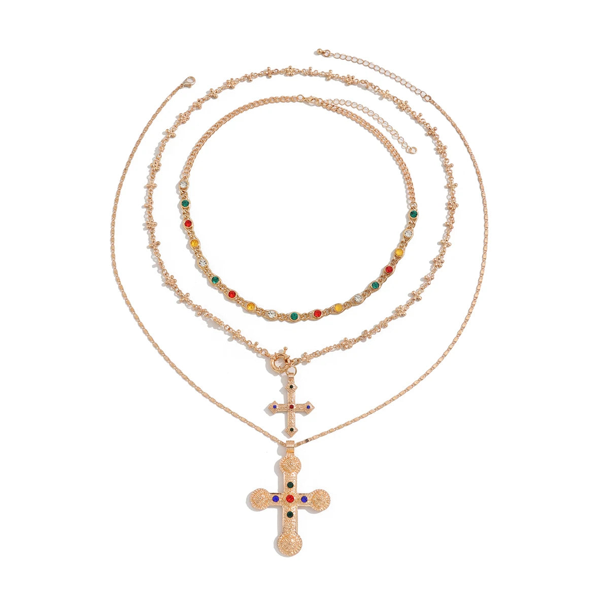 Ingemark 3Pcs Luxury Inlaid Rhinestone Imitating Pearl Chain Necklace Vintage Jesus Cross Pendant Choker Christian Jewelry Men