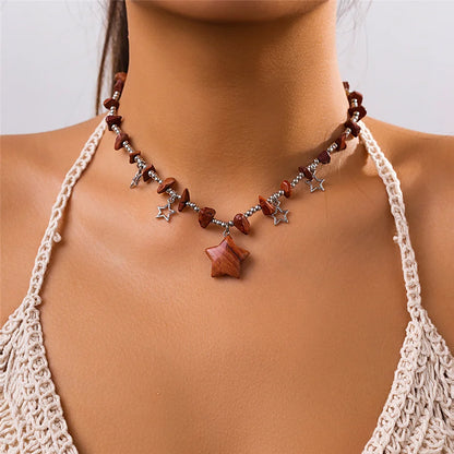 Boho Colorful Irregular Stone Hollow Star Pendant Choker Necklace Women Summer Goth Beads Chain Y2K Jewelry Accessories