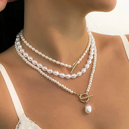 Ingemark Vintage Imitation-Pearl Heart OT Buckle Pendant Necklace Women Wedding Bridal Bead Chain Neck Accessories Jewelry New