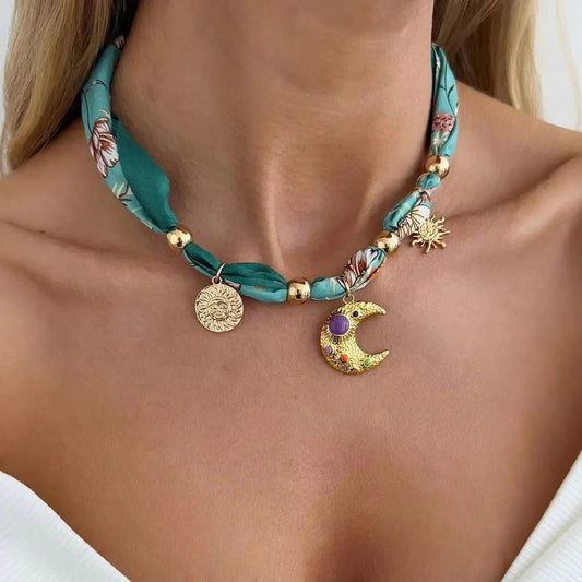 Ingemark New Elegant Blue/Green Scarf Ribbon Chokers Necklace Women Vintage Sun Moon Heart Cross Pendant Necklace Boho Jewelry