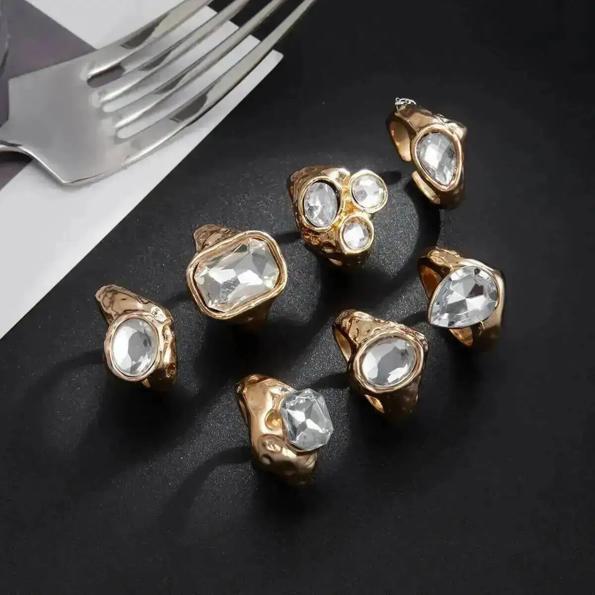 Ingemark 7 Pcs Personalized Sparkling Rhinestone Adjustable Open Rings Set for Women Punk Waterdrop Square Stackable Finger Ring