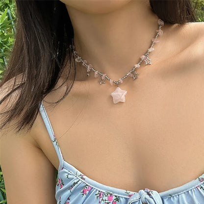 Boho Colorful Irregular Stone Hollow Star Pendant Choker Necklace Women Summer Goth Beads Chain Y2K Jewelry Accessories