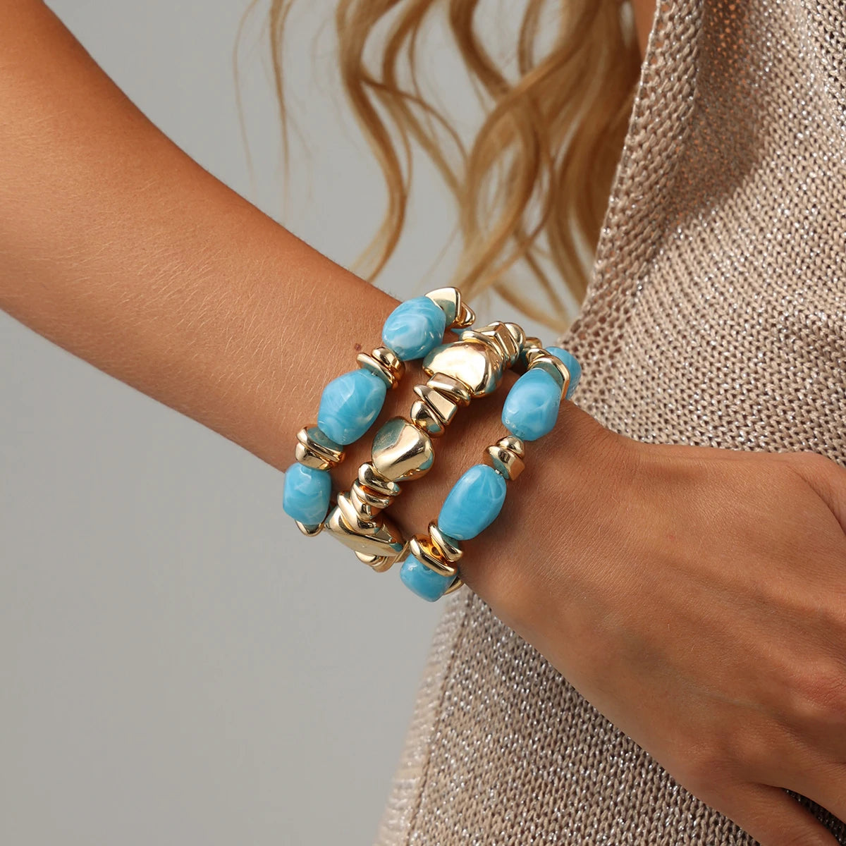 Ingemark 3Pcs/Set Baroque Acrylic Resin Beaded Bracelet for Women Vintage Boho Stacked Elastic Bangles Charm Jewelry Accessories