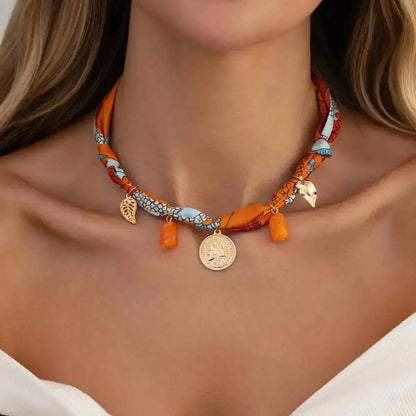 Ingemark Elegant Adjustable Silk Scarf Choker Necklace for Women Vintage Boho Leaf Coin Pendant Necklace Daily Jewelry Gift