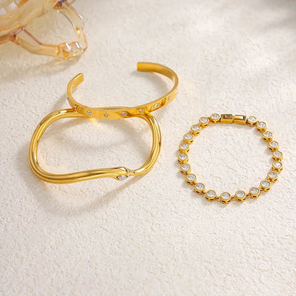 Ingemark Luxury 18K Gold Plated Stainless Steel Bracelets for Women Shiny Zircon Stackable Cuff Open Bangle Waterproof Jewelry