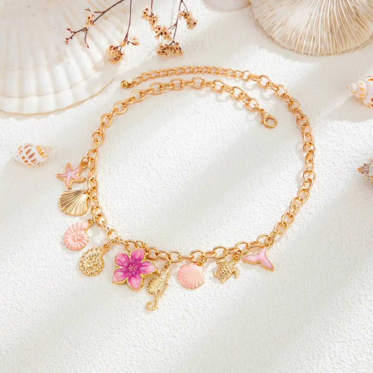 Ingemark Exquisite Pink Starfish Conch Flower Pendant Necklaces Women Summer Beach Adjustable Chain Choker Holiday Jewelry Gifts