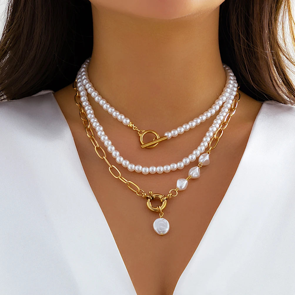 Ingemark Vintage Imitation-Pearl Heart OT Buckle Pendant Necklace Women Wedding Bridal Bead Chain Neck Accessories Jewelry New