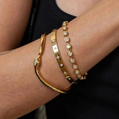 Ingemark Luxury 18K Gold Plated Stainless Steel Bracelets for Women Shiny Zircon Stackable Cuff Open Bangle Waterproof Jewelry