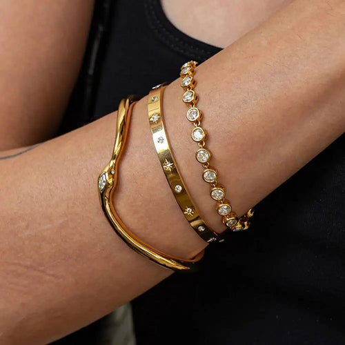 Ingemark Luxury 18K Gold Plated Stainless Steel Bracelets for Women Shiny Zircon Stackable Cuff Open Bangle Waterproof Jewelry