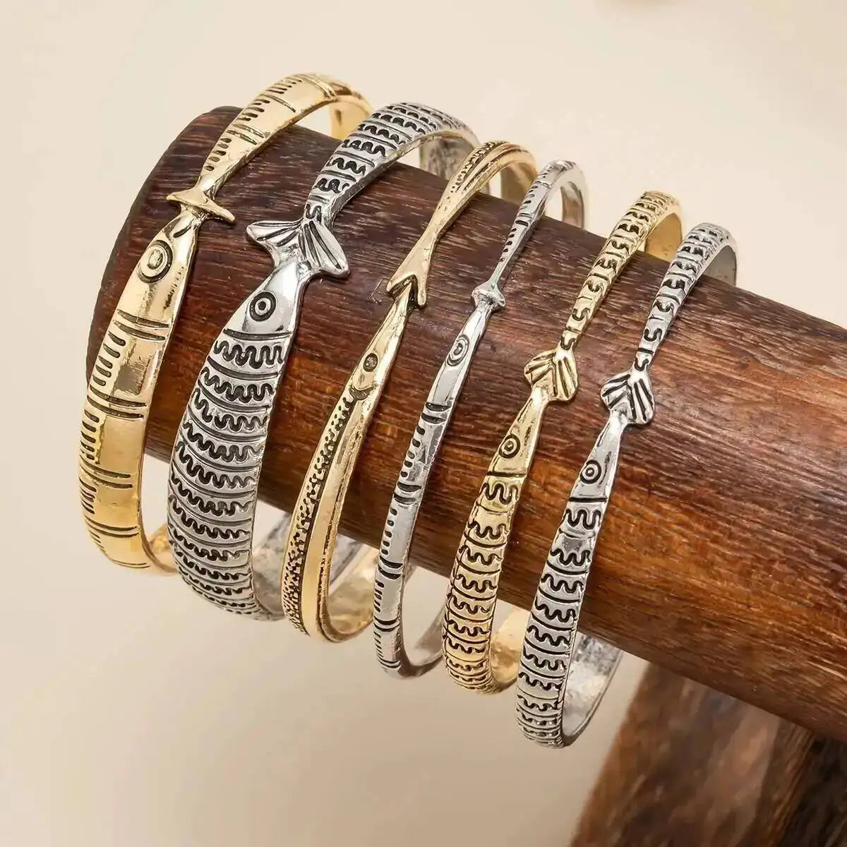 6 Pcs/Set Vintage Fish Pattern Metal Bangle Stack Women's Ethnic Style Bracelet Party Accessory Couple Matching Jewelry
