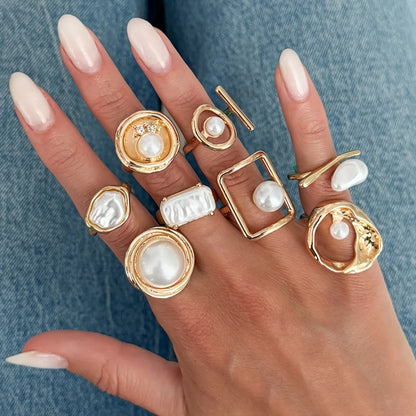Ingemark 8Pcs/Set Bohemian Imitation Pearl Open Rings for Women New Trendy Irregular Adjustable Finger Ring Baroque Jewelry Gift